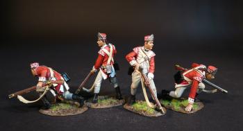 Image of Four Marine Light Infantry (2 standing, gun pointed at ground; 2 kneeling hand on ground), British Marines, The Assault on the Redoubt at Breeds Hill, The Battle of Bunker Hill, June 17th 1775, The American War of Independence, 1775–1783--four figures
