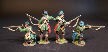 Image of Four Rangers (2 standing, reaching for cartridge; 2 kneeling firing), Roger's Rangers, The Raid on St. Francis, 1759, The French and Indian War, 1754-1763--four figures