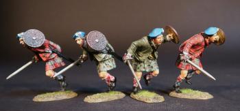 Image of Four Highlanders Charging (2 in red plaid & 2 in green plaid), The Jacobite Army, The Battle of Culloden, 16th April 1745, The Jacobite Rebellion, 1745--four figures with broadswords and raised bucklers