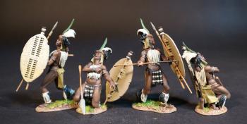 Image of Four Zulu Warrior Casualties (2 kneeling wounded; 2 standing falling backwards), The uThulwana Regiment, The Zulu Impi, Battle of Gingindhlovu, 2nd April 1879--four figures