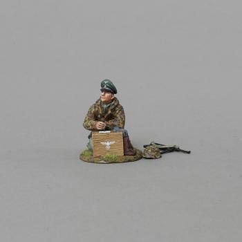 Image of SPG Crew Officer Taking Down Coordinates--single WWII SPG officer figure kneeling behind box, MP40, & helmet