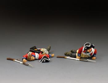 Image of Casualties of War, 4th (King Own) Regiment of Foot--two figures (lying dead, crawling away), two muskets, hat