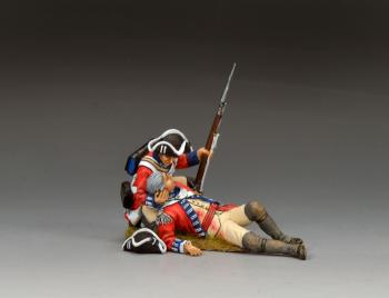 Image of "Caring For His Captain," 4th (King Own) Regiment of Foot--single kneeling infantryman figure cradling fallen captain in his arms & hat