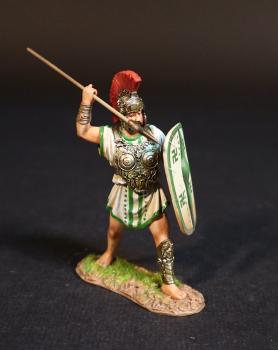 Image of Samnite Warrior (white and green tunic), The Samnites, Armies and Enemies of Ancient Rome--single figure with spear raised overhand ready to throw or thrust and shield