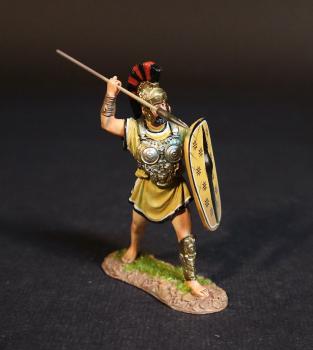 Image of Samnite Warrior (yellow tunic), The Samnites, Armies and Enemies of Ancient Rome--single figure with spear raised overhand ready to throw or thrust and shield