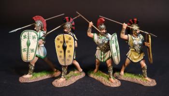 Image of Four Samnite Warriors (2 with yellow tunics, 2 with white & green tunics), The Samnites, Armies and Enemies of Ancient Rome--four figures with spears raised overhand ready to throw or thrust and shields