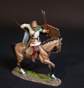 Image of German Cavalry, Germanic Warriors, Armies and Enemies of Ancient Rome--single mounted figure leaning back to thrust spear, 2 spears and shield in other hand