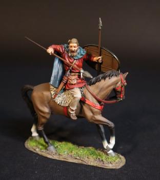 Image of Caesar's German Cavalry with Red Tunic, Roman Auxiliary Cavalry, Armies and Enemies of Ancient Rome--single mounted figure with equipped shield, two spears, & spear raised to thrust or throw