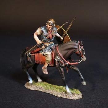 Image of Roman Auxiliary Cavalryman with Red Shield, Roman Auxiliary Cavalry, Armies and Enemies of Ancient Rome--single mounted figure with shield and two javelins in left hand, lance in right hand