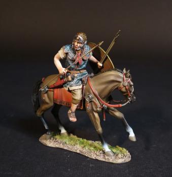 Image of Roman Auxiliary Cavalryman with Green Shield, Roman Auxiliary Cavalry, Armies and Enemies of Ancient Rome--single mounted figure with shield and two javelins in left hand, lance in right hand