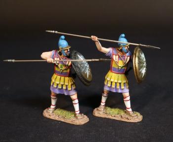 Two Macedonian Argyraspides (Silver Shields) in yellow & purple armor, The Macedonians, Armies and Enemies of Ancient Greece and Macedonia--two figures (spear raised to thrust down, spear held at shoulder height) Two Macedonian Argyraspides (Silver Shields) in yellow & purple armor, The Macedonians, Armies and Enemies of Ancient Greece and Macedonia--two figures (spear raised to thrust down, spear held at shoulder height) #51401