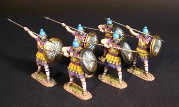 Image of Six Macedonian Argyraspides (Silver Shields) in yellow & purple armor, The Macedonians, Armies and Enemies of Ancient Greece and Macedonia--two figures (3 with spears raised to thrust down, 3 with spears held at shoulder height)
