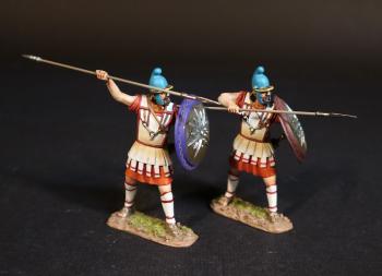 Two Macedonian Argyraspides (Silver Shields) in white armor & red tunics, The Macedonians, Armies and Enemies of Ancient Greece and Macedonia--two figures (spear raised to thrust down, spear held at shoulder height) Two Macedonian Argyraspides (Silver Shields) in white armor & red tunics, The Macedonians, Armies and Enemies of Ancient Greece and Macedonia--two figures (spear raised to thrust down, spear held at shoulder height) #51403