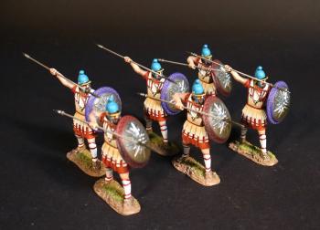 Image of Six Macedonian Argyraspides (Silver Shields) in white armor & red tunics, The Macedonians, Armies and Enemies of Ancient Greece and Macedonia--two figures (3 with spear raised to thrust down, 3 with spears held at shoulder height)