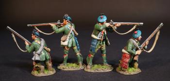 Image of Four Rangers (2 standing aiming; 2 kneeling readying), Roger's Rangers, The Raid on St. Francis, 1759, The French and Indian War, 1754-1763--four figures