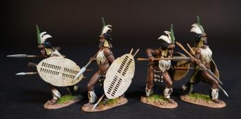 Image of Four Zulu Warriors (2 advancing crouched, ready to thrust; 2 advancing, spear pointed down), The uThulwana Regiment, The Zulu Impi, Battle of Gingindhlovu, 2nd April 1879--four figures