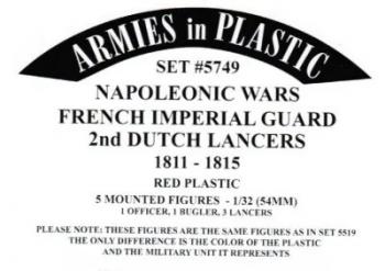 Five Lancers, 2nd Dutch Lancers, French Imperial Guard, Napoleonic Wars, 1811-1815--5 mounted figures in 5 poses (1 Officer, 1 Bugler, 3 Troopers) (red plastic) #51451