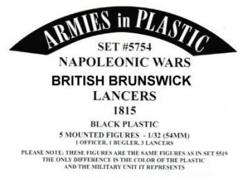 Five Lancers, British Brunswick Lancers, Napoleonic Wars, 1815--5 mounted figures in 5 poses (1 Officer, 1 Bugler, 3 Troopers) (black plastic) #51452
