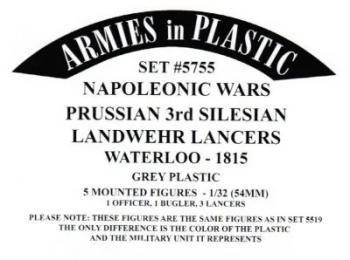Five Lancers, Prussian 3rd Silesian Landwehr Lancers, Waterloo, Napoleonic Wars, 1815--5 mounted figures in 5 poses (1 Officer, 1 Bugler, 3 Troopers) (grey plastic) #51453