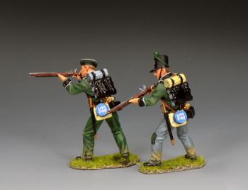 Image of 95th Rifles "Ready, Aim, Fire"--two Napoleonic-era British figures (wearing Tam O' Shanter, standing firing; wearing shako, standing ready)
