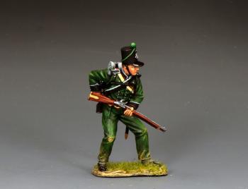 Image of 95th Rifles "Reaching for a Fresh Cartridge"--single standing Napoleonic-era British figure wearing shako