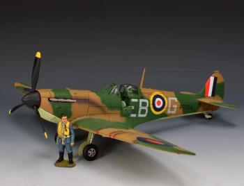 Image of Supermarine SPITFIRE MKII A (Flown by F. Lieut. Eric Lock)--plane and standing pilot figure Image of Supermarine SPITFIRE MKII A (Flown by F. Lieut. Eric Lock)--plane and standing pilot figure