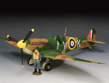 Image of Supermarine SPITFIRE MKII A (Flown by Sqdn. Ldr. Brian Lane)--plane and standing pilot figure