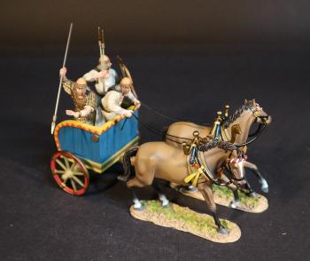 Image of Hittitte War Chariot, The Battle of Kadesh, 1274 BCE, New Kingdom Egyptians, The Ancients--three figures (stabbing with spear; driving; standing with spare javelins & shield), two horses, & chariot