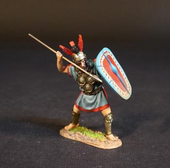 Image of Samnite Warrior (blue tunic with red trim), The Samnites, Armies and Enemies of Ancient Rome--single figure with spear raised overhand ready stab downward and shield raised