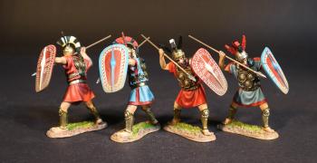 Image of Samnite Warriors (2 with red tunics; 2 with blue tunics with red trim), The Samnites, Armies and Enemies of Ancient Rome--four figures with spears raised overhand ready stab downward and shields raised