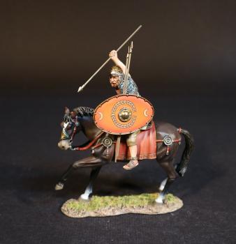 Image of Roman Auxiliary Cavalryman with Red Shield, Roman Auxiliary Cavalry, Armies and Enemies of Ancient Rome--single mounted figure with equipped shield and two spears in hand, spear raised to strike
