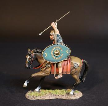 Image of Roman Auxiliary Cavalryman with Green Shield, Roman Auxiliary Cavalry, Armies and Enemies of Ancient Rome--single mounted figure with equipped shield and two spears in hand, spear raised to strike