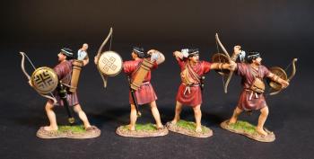 Image of Four Cretan Archers, Armies and Enemies of Ancient Greece and Macedonia--four figures with bows and bucklers (2 having loosed (red tunic); 2 reaching for arrow (maroon tunic)) 