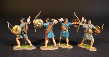 Image of Four Cretan Archers, Armies and Enemies of Ancient Greece and Macedonia--four figures with bows and bucklers (2 having loosed (blue tunic); 2 reaching for arrow (grey tunic)) 