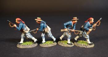 Image of Four Wheat's Tigers Zouaves (2 advancing gun forward; 2 advancing, gun across chest), 1st Special Battalion (Wheat's Tigers), Louisiana Infantry, The First Battle of Manassas, 1861, The American Civil War, 1861-1865--four figures