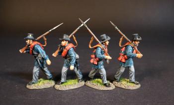 Image of Four Militiamen (two bearded; two clean-shaven), 1st Regiment, Rhode Island Detached Militia, The First Battle of Bull Run, 1861, The American Civil War, 1861-1865--four advancing figures