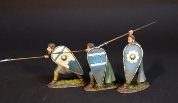 Image of French Spearmen with kite shields A, European Allied Infantry, Norman Army, The Age of Arthur--three standing figures (crouching thrusting underarm, crouching thrusting overarm, standing stabbing down)--DAMAGED!!