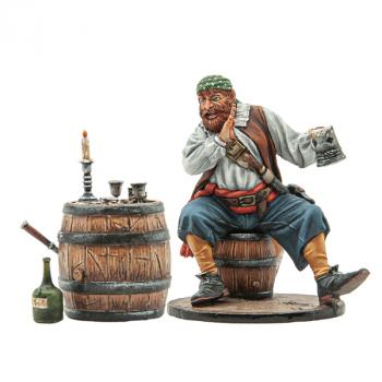 Image of Giving Advice with Barrel Card Table, Pirate Playing Cards, Pirates!--single figure seated on barrel, barrel card table, & bottle