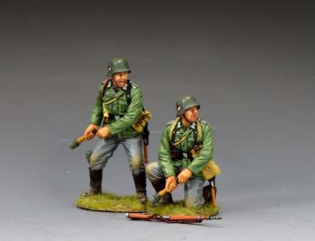 Image of Classic Wehrmacht Infantry Grenadiers in Action--two figures with "potato mashers" (1 standing, 1 kneeling) and rifle