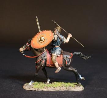 Image of Roman Auxiliary Cavalryman with Red Shield, Roman Auxiliary Cavalry, Armies and Enemies of Ancient Rome--single mounted figure with equipped shield and two spears in hand, spear raised to throw