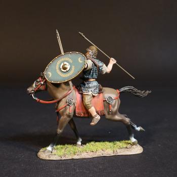 Image of Roman Auxiliary Cavalryman with Green Shield, Roman Auxiliary Cavalry, Armies and Enemies of Ancient Rome--single mounted figure with equipped shield and two spears in hand, spear raised to throw