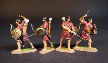 Image of Four Cretan Archers (red tunics), Armies and Enemies of Ancient Greece and Macedonia--four figures with bows and bucklers (2 drawing bows; 2 with raised swords & lowered bows)