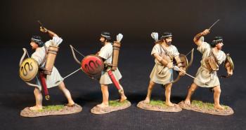 Image of Four Cretan Archers (tan tunics), Armies and Enemies of Ancient Greece and Macedonia--four figures with bows and bucklers (2 drawing bows; 2 with raised swords & lowered bows)