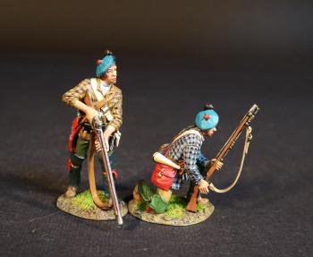Image of Two Rangers (standing with musket pointed down; kneeling at the ready), Roger's Rangers, The Raid on St. Francis, 1759, The French and Indian War, 1754-1763--two figures