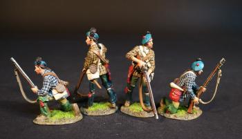 Image of Four Rangers (2 standing with muskets pointed down; 2 kneeling at the ready), Roger's Rangers, The Raid on St. Francis, 1759, The French and Indian War, 1754-1763--four figures