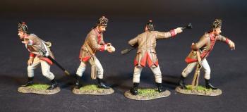 Image of Four Artillery Crew, The Rhode Island Train of Artillery, 1775, The American War of Independence 1775-1783--four figures (leaning sighting; carrying charge; ready with sponge/ramrod; leaning on wheel) 