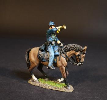 Image of Bugler, Union Cavalry Corps, The Army of the Potomac, The Battle of Brandy Station, June 9th, 1863, ACW, 1861-1865--single mounted figure blowing bugle on light brown horse