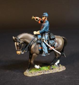 Image of Bugler, Union Cavalry, 2nd U.S. Cavalry Regiment, The Army of the Potomac, The Battle of Brandy Station, June 9th, 1863, The American Civil War, 1861-1865--single mounted figure blowing bugle on dark brown horse