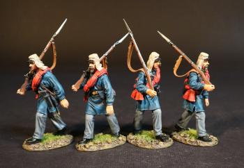 Image of Four Militiamen (two bearded; two clean-shaven), 1st Regiment, Rhode Island Detached Militia, The First Battle of Bull Run, 1861, The American Civil War, 1861-1865--four advancing figures wearing kepi and hed scarves