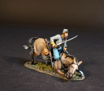 Image of Confederate Cavalry Officer (grey uniform, tan crouching horse), Cavalry Division, The Army of Northern Virginia, The Battle of Brandy Station, June 9th, 1863, The American Civil War, 1861-1865--single mounted figure with sword raised